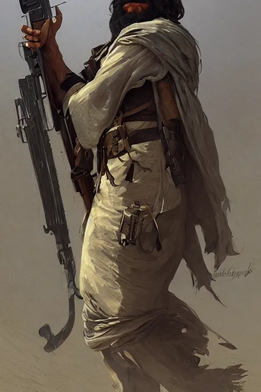 Image similar to male cottagecore taliban leader holding a kalashnikov rifle. intricate, elegant. highly detailed, digital painting, artstation, concept art, smooth, sharp, focus, illustration.. art by artgerm and greg rutkowski and alphonse mucha