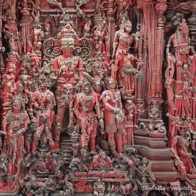 Prompt: temple made of flesh, hindu ornaments, blood god statue at the center, angel statues, 8 0's horror movie film still, highly detailed, symmetry, award - winning photography, 1 2 0 mm