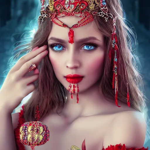 Image similar to wonderful princess with smooth fair skin, alluring eyes, red jewelry, breathtaking, elegant, intricate, hyper detailed, accent lighting, 4 k glamour photography, octane render