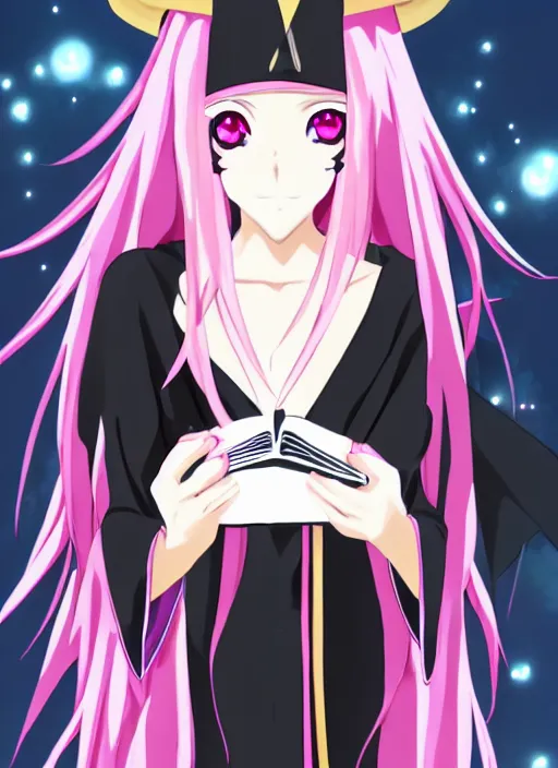 Prompt: anime beautiful female witch with long, pink hair and a spellbook in her hands, pretty symmetrical face, fullbody, pointy hat, black robes, magic, anime, magical, motes of light, dark library