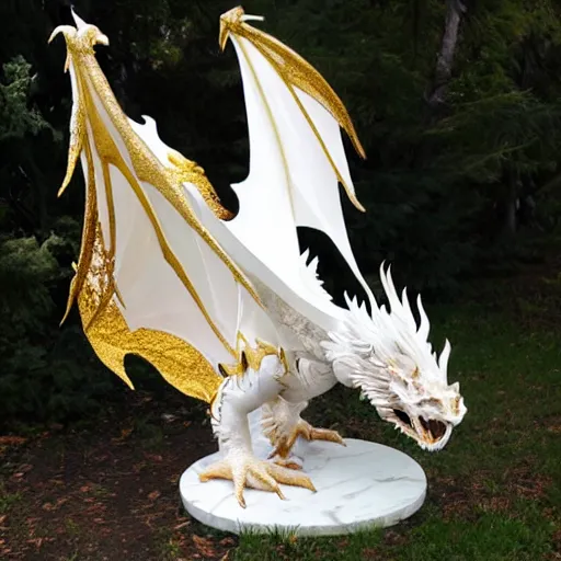 Image similar to feathered dragon, white marble with gold accents, by ellen jewett