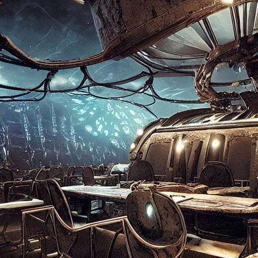 Image similar to scene from prometheus movie, hr giger artlilery spaceship lands in country tavern, filigree ornaments, volumetric lights, simon stalenhag