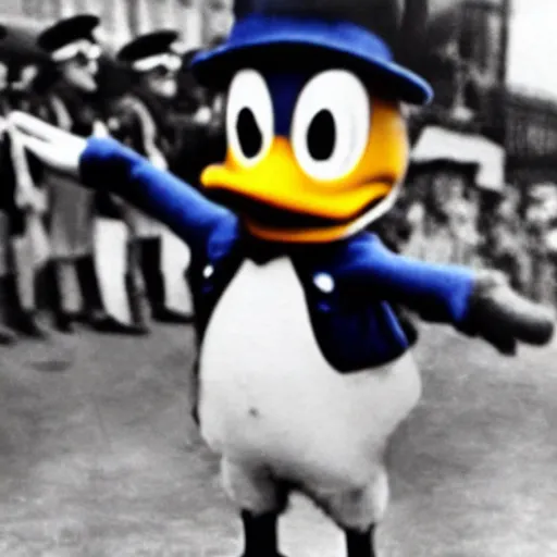 Image similar to historic colorized photograph of donald duck at a nazi parade in 1 9 3 6