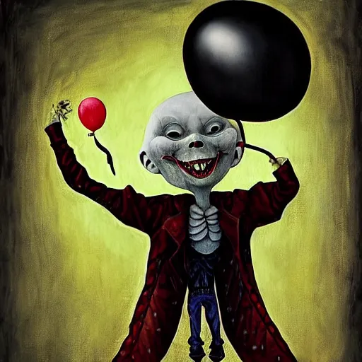 Image similar to grunge painting of david dorbik with a wide smile and a red balloon by chris leib, loony toons style, pennywise style, corpse bride style, horror theme, detailed, elegant, intricate