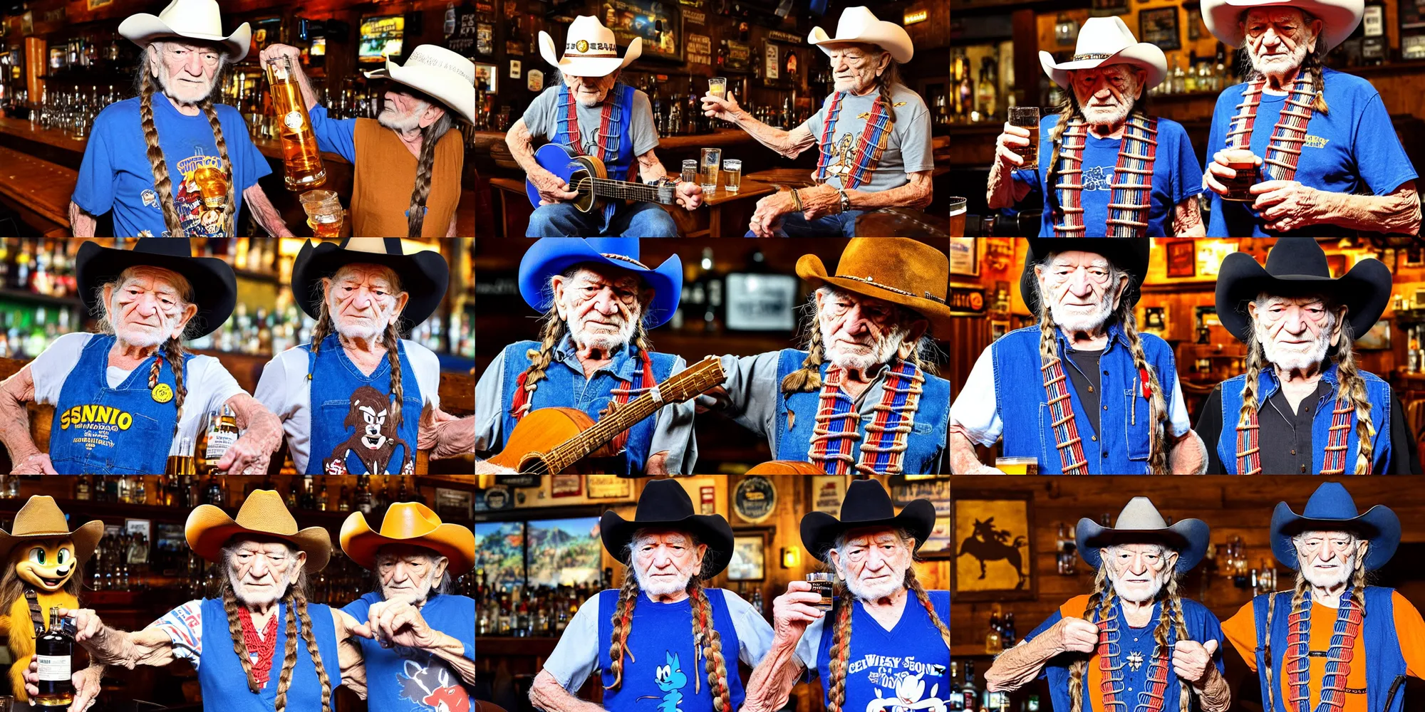 Prompt: willie nelson has a whiskey at a pub with sonic the hedgehog in a vest wearing a cowboy hat, photography 4 k