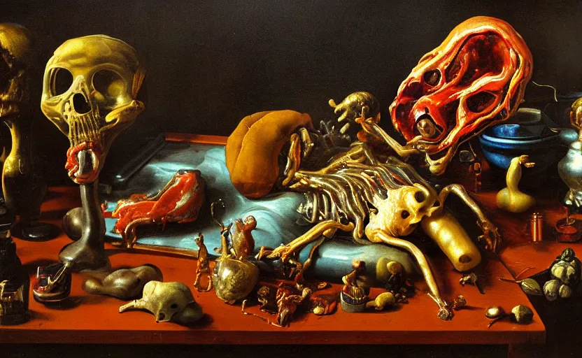 Image similar to disturbing colorful oil painting dutch golden age vanitas still life sparse composition interesting scaling with bizarre objects strange gooey transparent surfaces shiny metal reflections bizarre mutant meat insects rachel ruysch dali todd schorr very detailed perfect composition rule of thirds masterpiece canon 5 0 mm, cinematic lighting, photography, retro, film, kodachrome