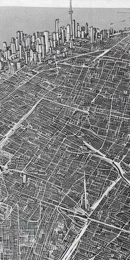 Image similar to high detail woodcut of toronto in the 1 9 7 0 s, aerial photography.