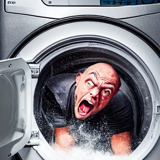 Image similar to angry furious man poking his head out of a washing machine and shouting at the camera