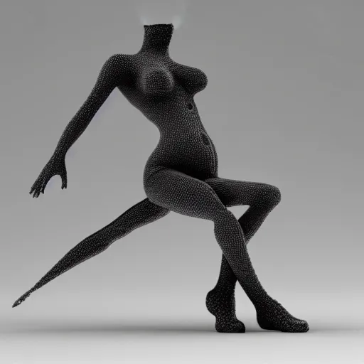 Prompt: 3 d fluid simulation render, octane render, xparticles, black color, female body, abstract sculpture