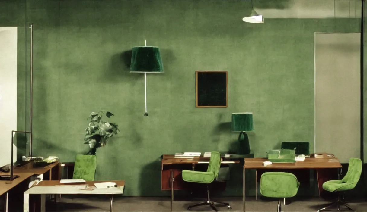 Image similar to a still of severance series indoor 7 0 s green velvet and wood with metal furniture office scenario appearing in a film of jacques tati