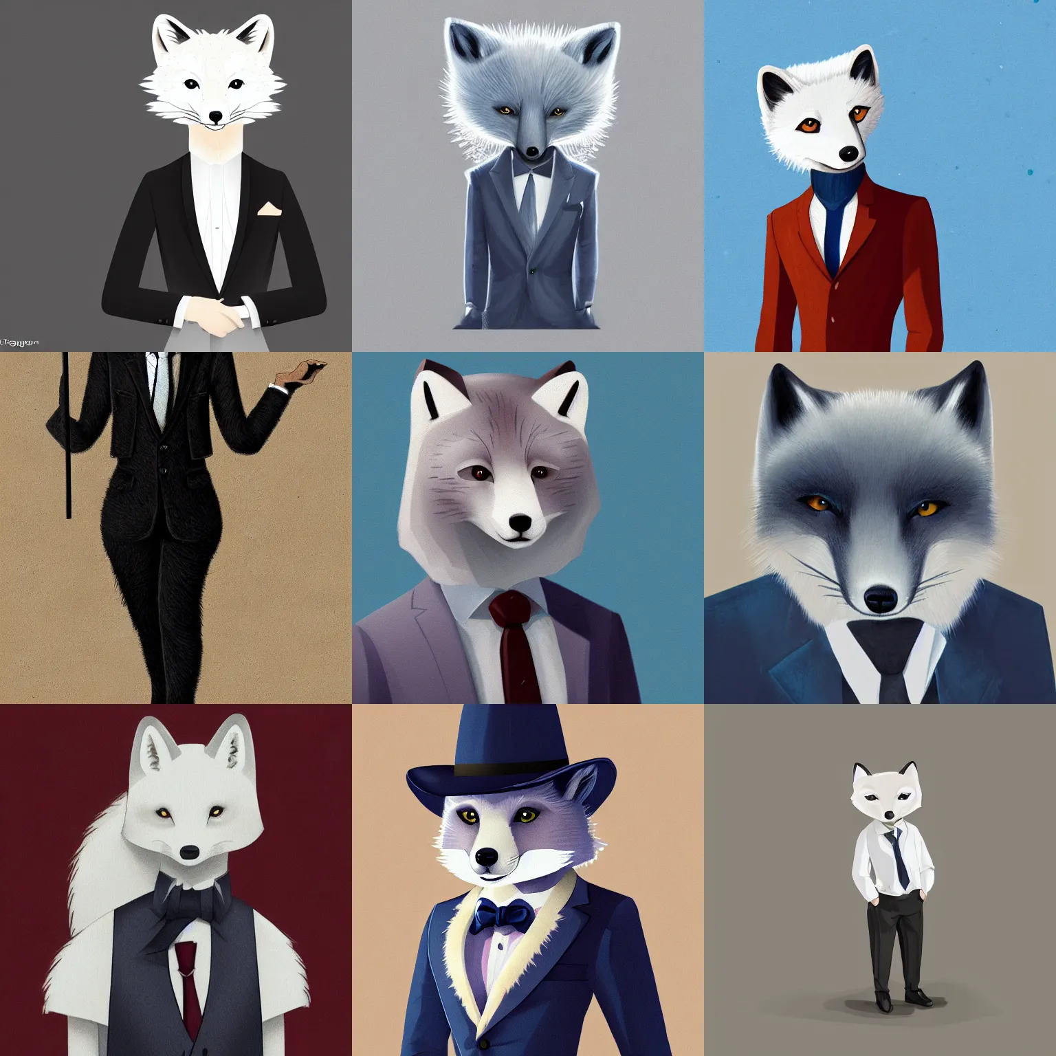 Prompt: Digital illustration of a beautiful anthro arctic fox in a suit and tie, illustration, trending on artstation, cartoonish, professional, digital painting, photoshop, concept art