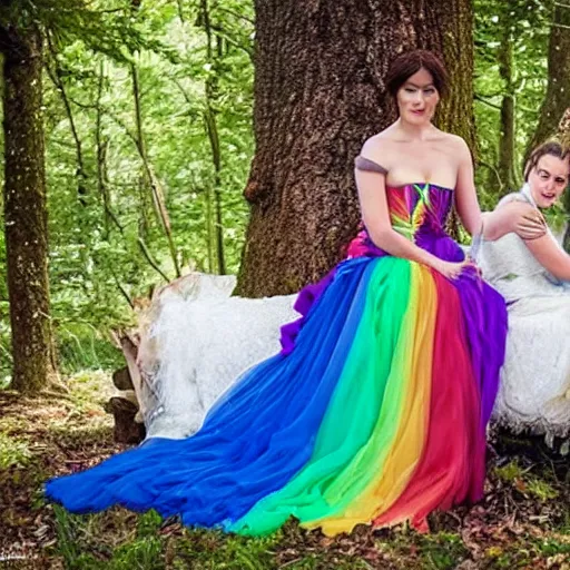 Image similar to picture of gemma arterton wearing a long rainbow wedding gown, sitting in a colorful forest