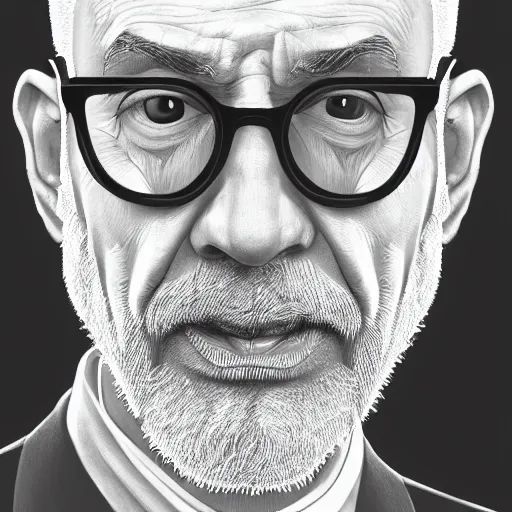 Prompt: Portrait of a handsome older bald man, with a patrician nose, black rimmed glasses, and a salt&pepper goatee, pencil sketch, photorealistic, high resolution, award winning, trending on artstation, olive skin, beautiful bone structure, intricate, elegant, highly detailed, digital sketch, artstation, concept art, smooth, sharp focus, illustration, art by phil noto and phil noto and phil noto