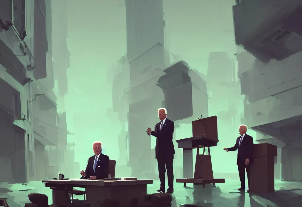 Image similar to joe biden in the democratic party headquarters, epic debates, presidental elections candidates, cnn, fox news, fantasy, by atey ghailan, by greg rutkowski, by greg tocchini, by james gilleard, by joe gb fenton, dynamic lighting, gradient light green, brown, blonde cream, salad and white colors in scheme, grunge aesthetic