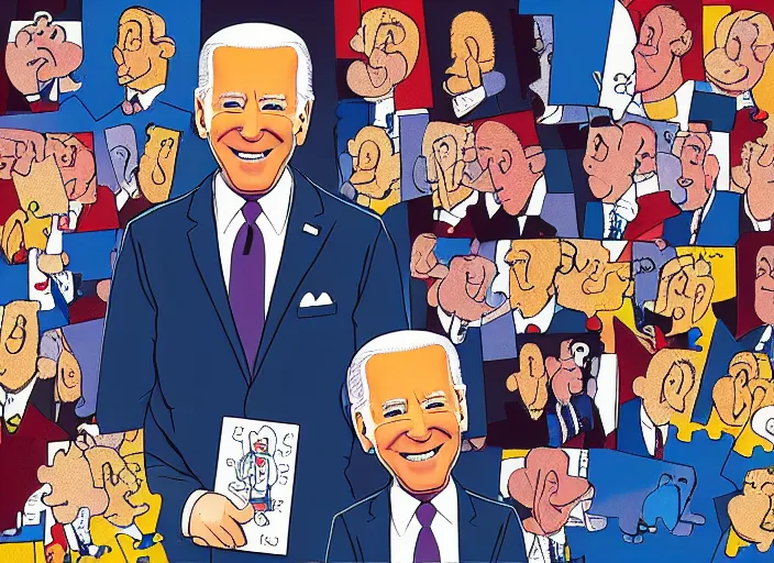 Prompt: joe biden, a jigsaw puzzle by charles schulz, behance contest winner, naive art, official art, colorized, digitally enhanced