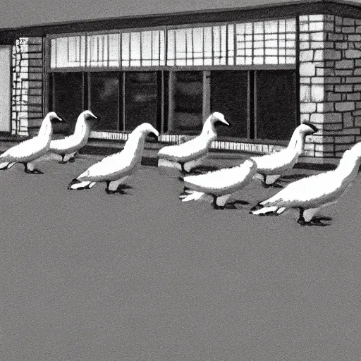 Image similar to five geese attacking a wendys resturant demanding chicken nuggets, digital art, sharp, realistic