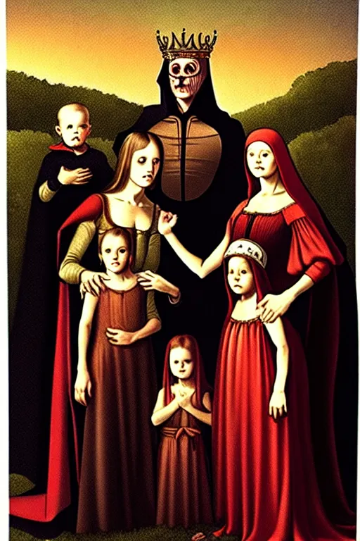 Image similar to renaissance style creepy family, wearing a crown and a cape, dark background, by richard corben