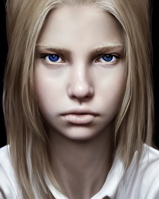 Image similar to portrait of 1 6 - year - old woman with dirty blonde hair down to her waist, pale eyebrows and protuberant silver eyes, wearing white shirt, hyper realistic face, beautiful eyes, character art, art by mark brooks, hyperdetailed, cryengine, trending on artstation, digital art