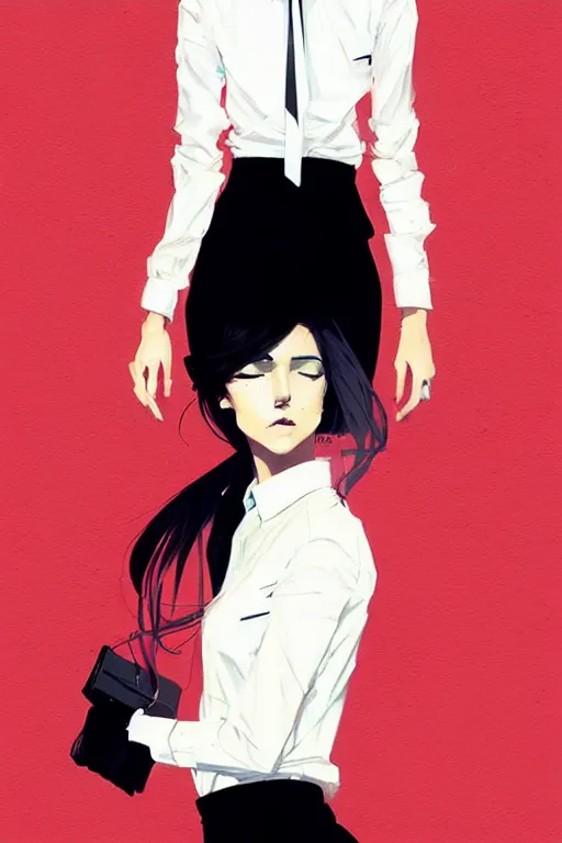 Image similar to a ultradetailed beautiful panting of a stylish woman, she is wearing a white shirt with a tie and black pants, by conrad roset, greg rutkowski and makoto shinkai trending on artstation