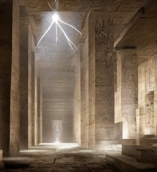 Image similar to punisher symbol is giant entrance into ancient egyptian temple with luminous smoke and light rays.