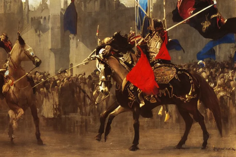 Prompt: a jousting tournament, banners in the wind by jeffrey catherine jones and henryk siemiradzki, oil on canvas, highly detailed masterpiece 4 k