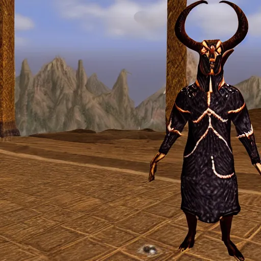 Image similar to an anthropomorphic black goat wizard in morrowind, screenshot