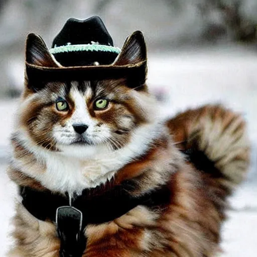 Image similar to siberian cat in a cowboy hat riding a corgi, wild west, sunset. no dude, for real, i want a siberian felis catus wearing a cowboy hat, riding a corgi canis!!!! i dont want any images of corgi - cat hybrids, dogs riding dogs or girls!!!!