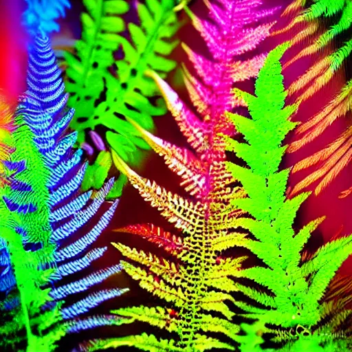 Prompt: Foreign Unknown Species Iridescent Beautiful Alien Fern Plants with veins Metallic reflective surfaces Rainbow Holographic patterns Supernatural Garden HDR 8K Depth of field Vibrant Unreal Engine