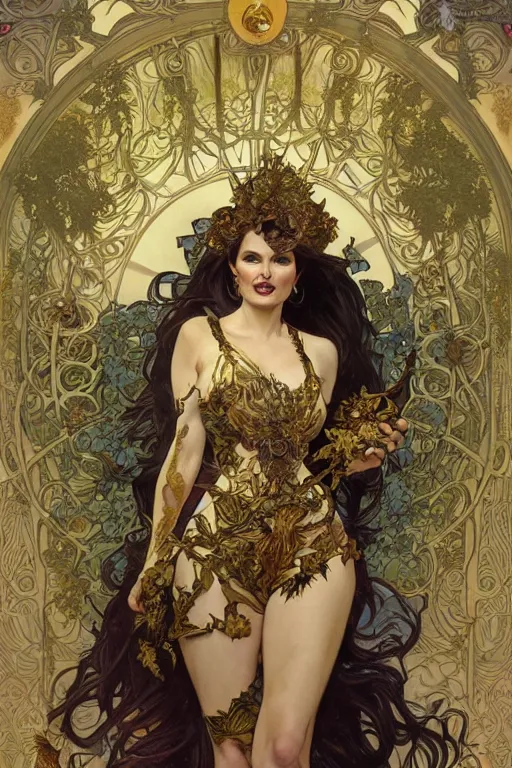 Image similar to geena davis as queen of the jungle, running, full figure, painted by nekro, alphonse mucha, dark - fantasy, intricate detail, artstation, cgsociety, rococo, gold leaf art