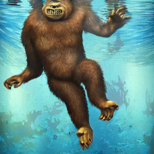 Prompt: Marc Simonette, bigfoots pulling a child underwater, trees, ultra detailed