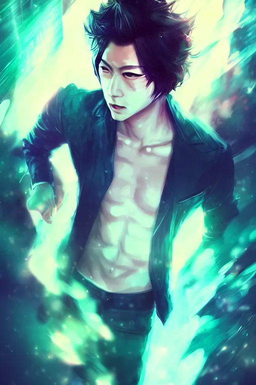 Prompt: a man looks like kamenashi kazuya, blurred environment background, colorful magic effects, white skin, portrait, male, clothed, sharp focus, digital art, concept art, trending on artstation, dynamic lighting, by emylie boivin and rossdraws