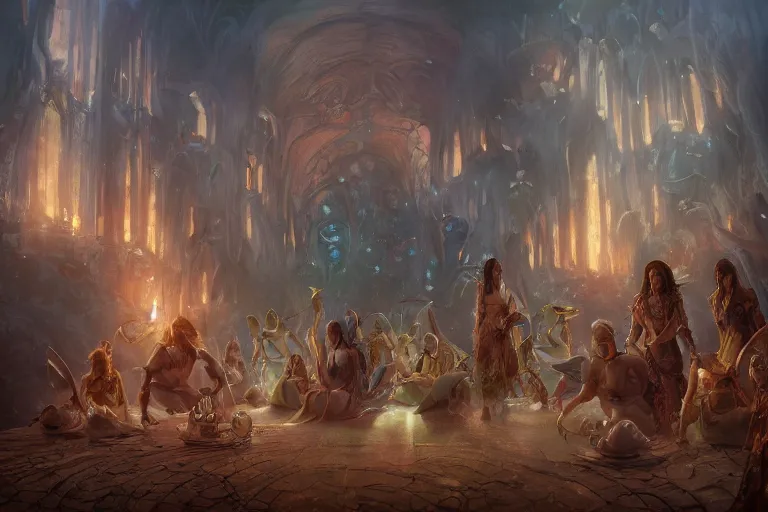 Prompt: the muses. sacred singers they who took up the strings of the deep, and turned the cacophony of an angry world into songs of unity and peace. morning lighting, cinematic fantasy painting, dungeons and dragons, jessica rossier and brian froud