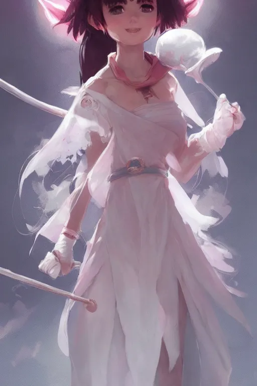 Prompt: 3 / 4 portrait of a cute white mage with a staff, soft, pink, artgerm and and greg rutkowski, trending on artstation