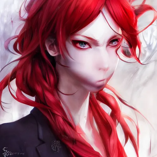 Image similar to semi realistic anime illustration of black top hat wearing red haired man, with beautiful hyperdetailed eyes, facing camera directly, full face portrait made by Stanley Artgerm, WLOP, Rossdraws, James Jean Andrei Riabovitchev, Marc Simonetti, Yoshitaka Amano, Artstation