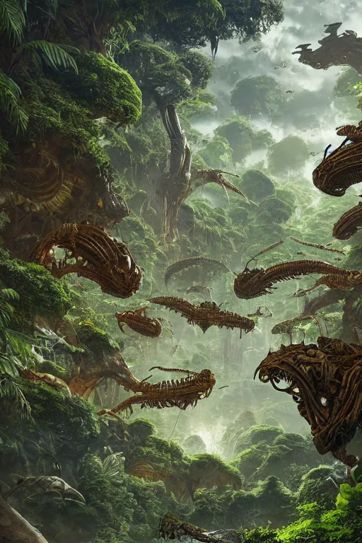 Image similar to alien hive in the exotic jungle, landscape, alex ross, giga, david finch, concept art, matte painting, highly detailed, rule of thirds, dynamic lighting, cinematic, detailed, denoised, centerd