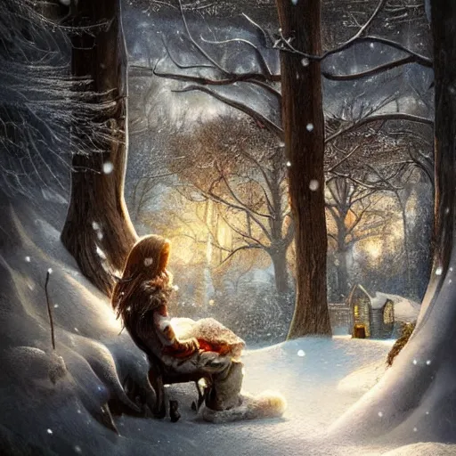 Image similar to snowy landscape with santa's house in night forest, warm light coming from the window and reflects on the snow. digital art, artstation, high details, trending, behance, by wlop, luis royo, artgerm