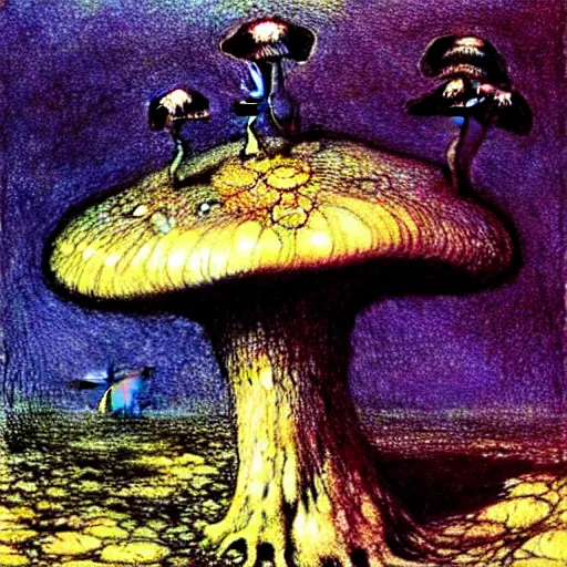 Image similar to strange mushroom by beksinski, luis royo and arthur rackham