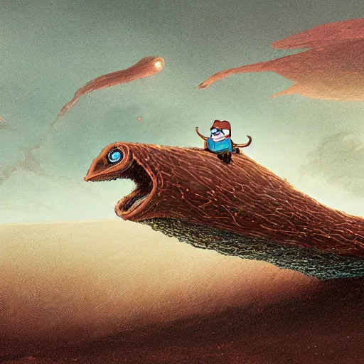 Image similar to peter griffin riding on the back of a worm from ( dune ), fantasy art, landscape art, in the style of greg rutkowski, illustration, epic