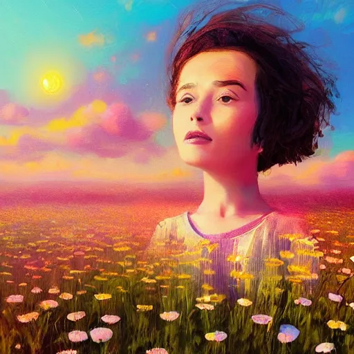 Prompt: head made of daisies, girl standing in a vast flower field, holding flowers, surreal photography, sunrise dramatic light, impressionist painting, colorful clouds, large sky, digital painting, artstation, simon stalenhag, flower face