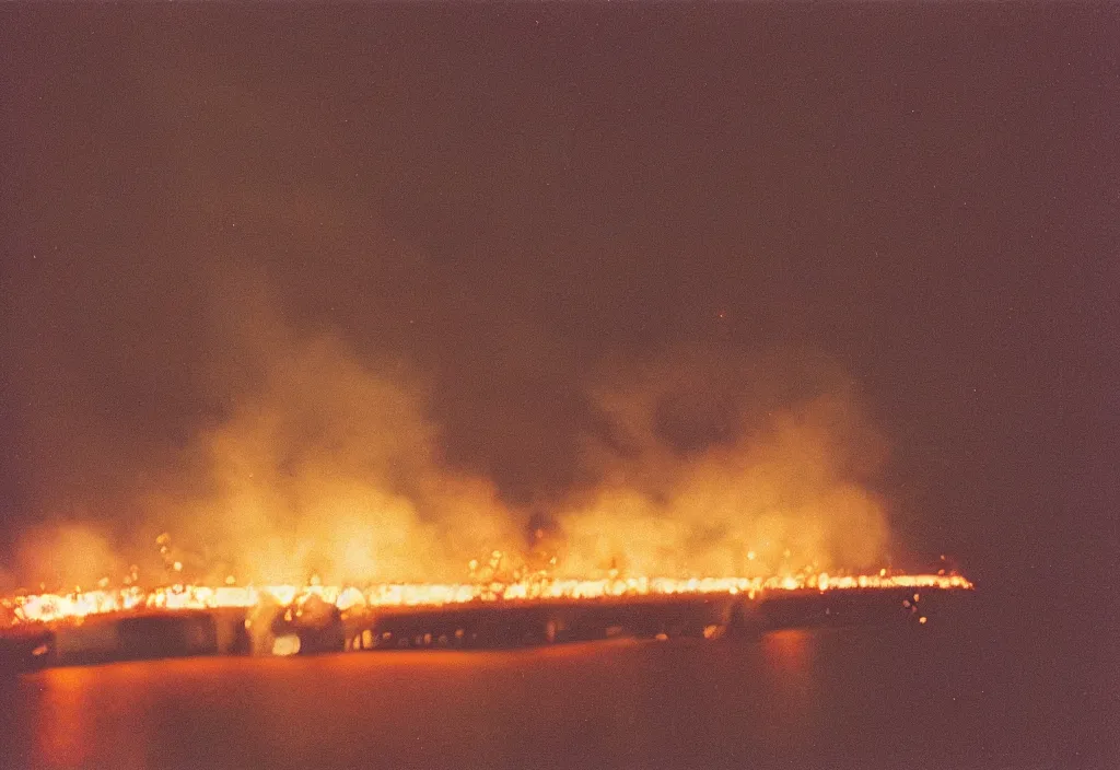 Image similar to lomo photo of a large burning bridge, cinestill, bokeh, out of focus, night, dramatic lighting