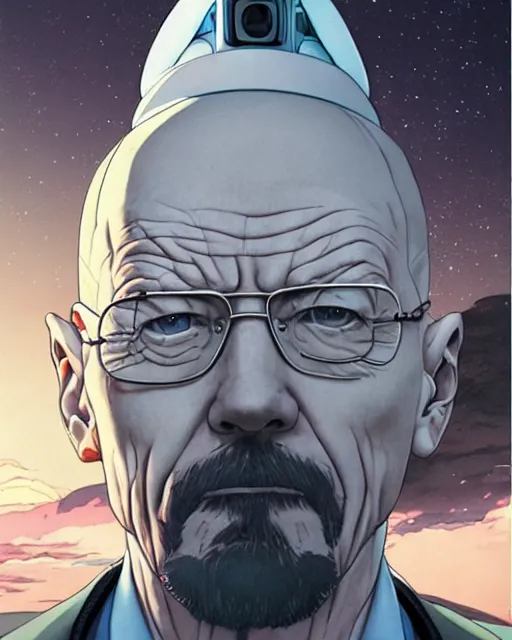 Image similar to portrait of walter white as a robot, cybernetic enhancements, art by makoto shinkai and alan bean, yukito kishiro