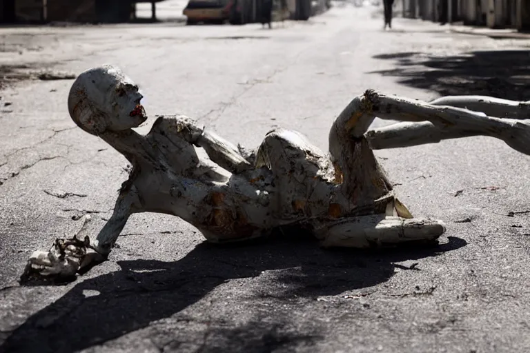 Image similar to vfx movie scene dilapidated mannequin in war torn street, natural lighting closeup by emmanuel lubezki