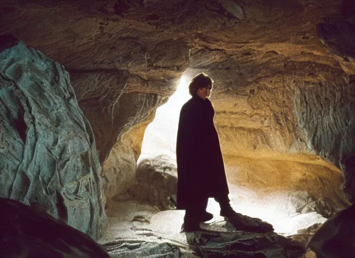 Image similar to detailed photo of Luke skywalker finding the ancient jedi texts in an strange hazy cave. 1985 film, Photographed with Leica Summilux-M 24 mm lens, ISO 100, f/8, Portra 400