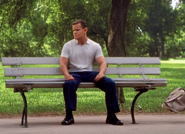 Image similar to film still of matt damon as forrest gump sitting on a bench in forrest gump, 4 k