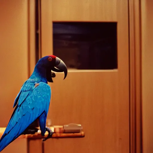 Prompt: Hyacinth macaw lost in backrooms, cinematic shot, cinestill 800 t