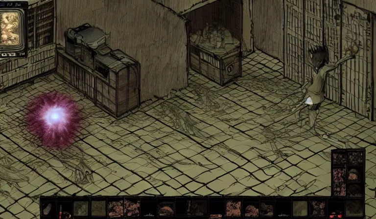 Image similar to Fighting eldritch horrors in an FPS, PC game with UI, by Junji Ito