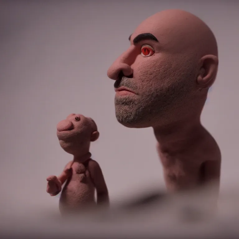 Image similar to a cinematic film still of a claymation stop motion film starring joe rogan, shallow depth of field, 8 0 mm, f 1. 8