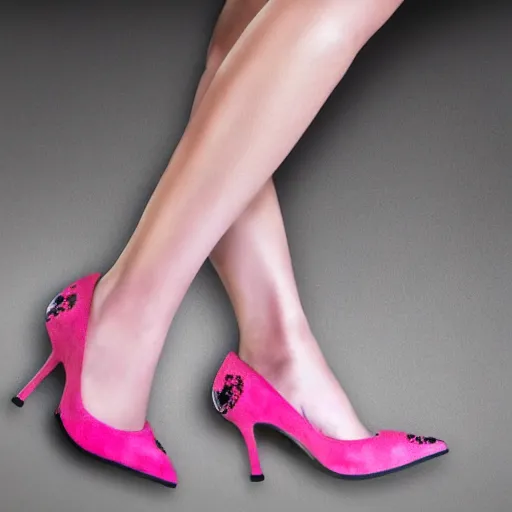 Prompt: pink suede pumps shoes with slim heels and pointed toes with a happy mickey mouse printed on it, photorealistic, transluscent, glass, beautiful, architecture, product design, clean, highly detailed, 8 k, ornate detail