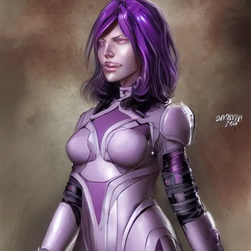 Image similar to pale woman with flowing purple hair in rusted sci - fi power armor, high detail, stoic, elegant, by stjepan sejic, sunstone