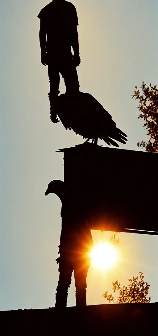 Prompt: Portrait of a tired battle-worn rugged post-apocalypse survivor staring contemplatively into the sunset from an abandoned overgrown rooftop terrace. A crow perched above stares at the sun, as well. Masterpiece. Photo taken with Kodak Professional Pro Image 100 35mm film.